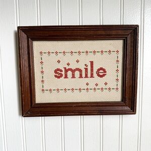 Vintage Framed Cross-Stitch Art with 'Smile' Design